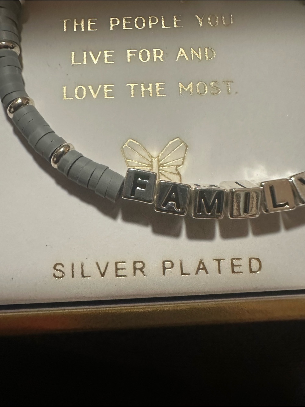 Silver-Plated "FAMILY" Beaded Bracelet in Light Gray